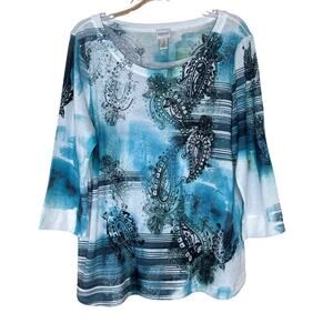 Chico's Zenergy Blue Paisley Tie Dye Sequin 3/4 Sleeve Top Size 2 Large Travel